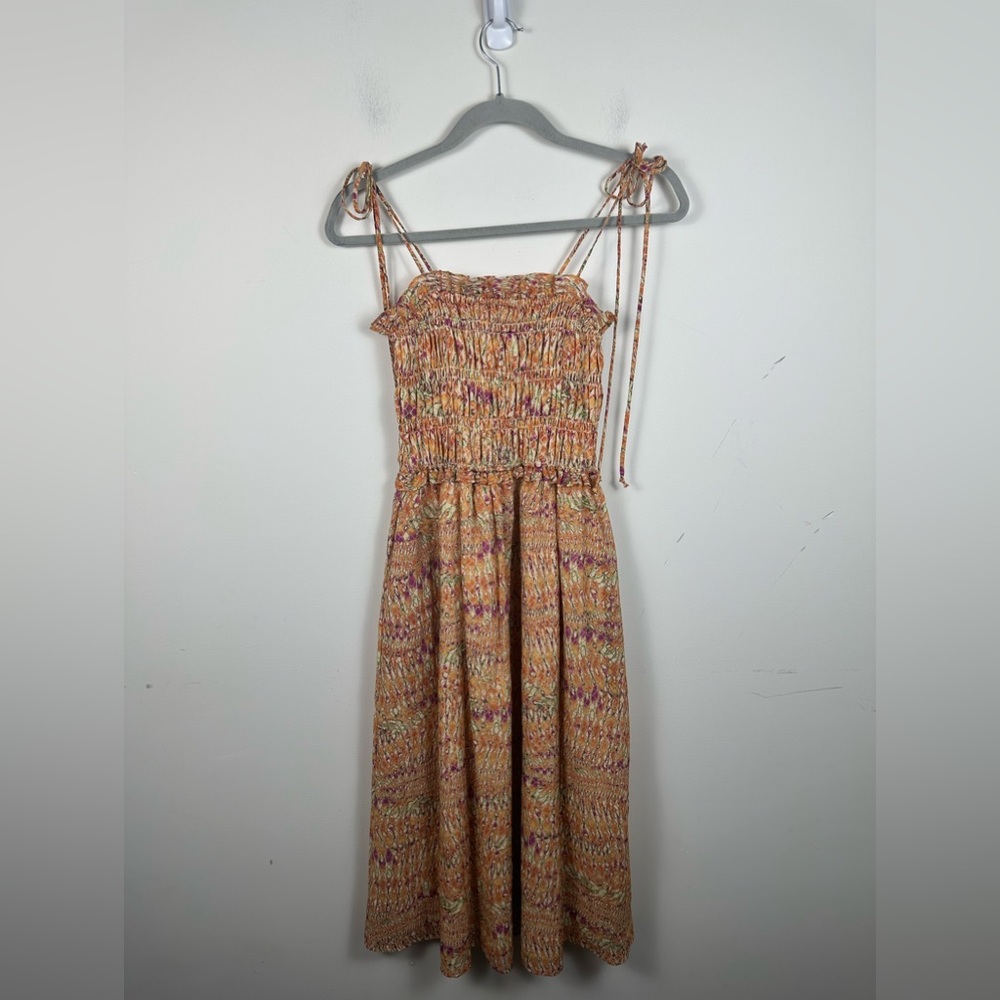 GILNER FARRAR Paula Dress In Castaway Print Linen Viscose Blend Smocked Top Midi